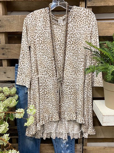 

Leopard Print Round Neck Casual Blouse Tops, Khaki, Tops