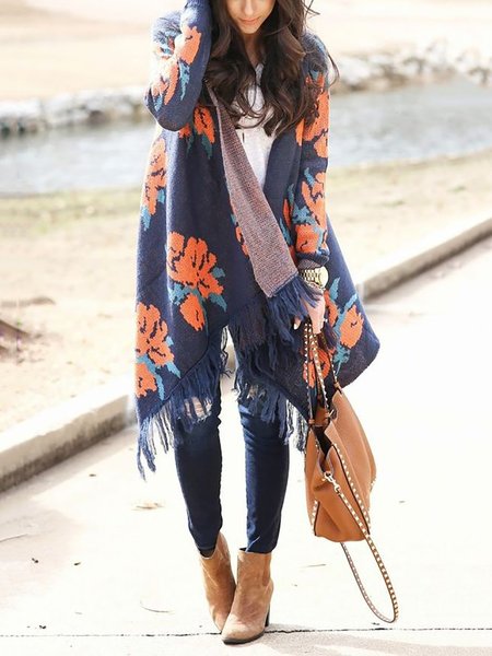 

Blue Casual Asymmetrical Jacket, Cardigans