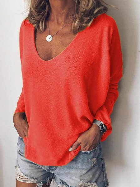 

Solid Sweater V Neck Knitted Top, Crimson, Blouses & Shirts