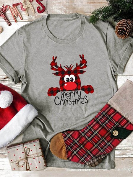 

Short Sleeve Cotton-Blend Women's Fashion Print Tee, Gray, T-shirts