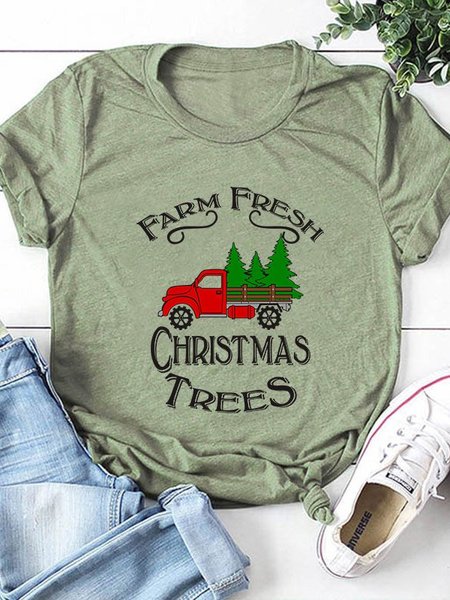 Short Sleeve Cotton-Blend Casual Women's Fashion Print Tee, Green, T-shirts