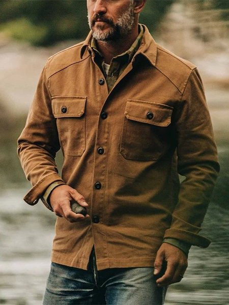 

Cotton-Blend Casual Double Chest Pocket Overshirt, Brown, Jackets & Coats