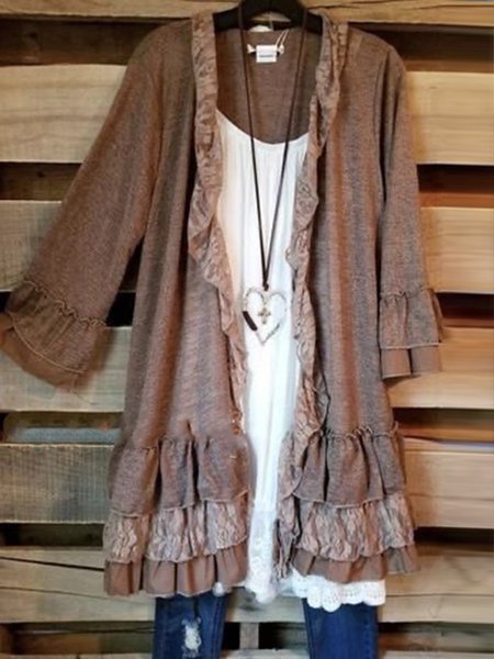 

Khaki Shift Cotton-Blend Long Sleeve Solid Outerwear, Outerwear