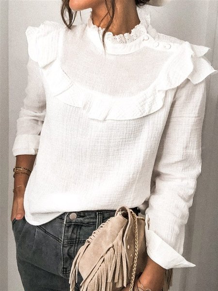 

Top Bianco Colletto Rialzato Maniche Lunghe Casuale, Blouses & Shirts