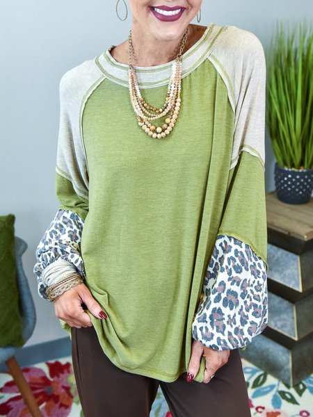 

Green Shift Casual Cotton-Blend Scoop Neckline Tops, Long sleeve tops