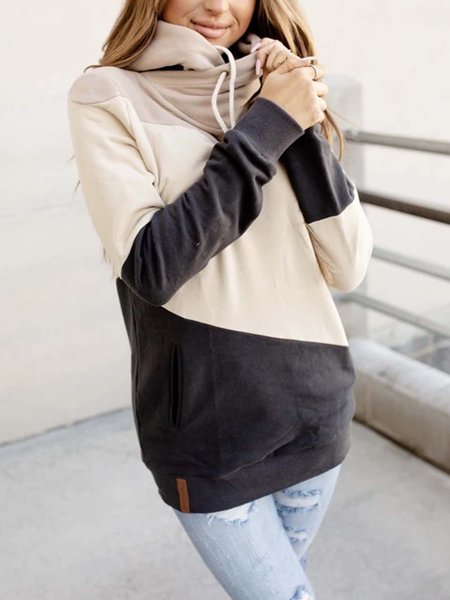 

Beige Color-Block Long Sleeve Hoodie Sweatshirts, Tops