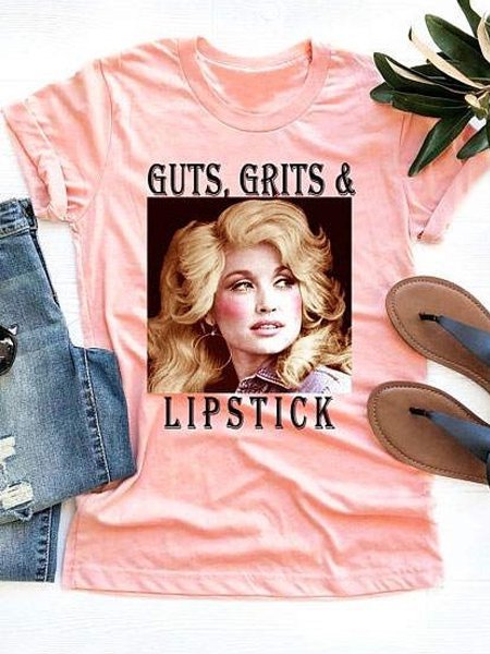 

Guts Grits & Lipstick Dolly Parton T-Shirt Tee, Pink, T-shirts