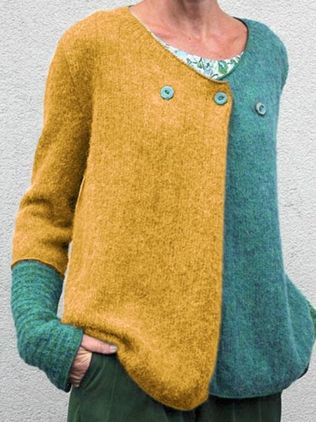 

Color-Block Striped Long Sleeve Sweater, Yellow, Cardigans