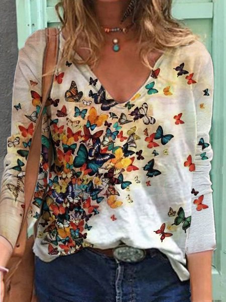 

Butterfly Print Long Sleeve Cotton-Blend Shirts & Tops, White, Winter Clearance