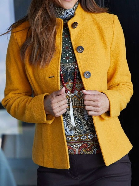 Yellow Plain Stand Collar Casual Jacket, Jackets