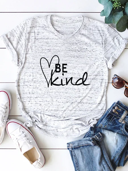 

BE Kind Heart Print Round Neck Cotton Loose Women's T-shirt, White marble, Auto-Clearance