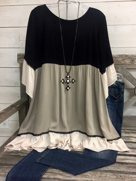 

Casual 3/4 Sleeve Round Neck Plus Size Tops, Black, Tops