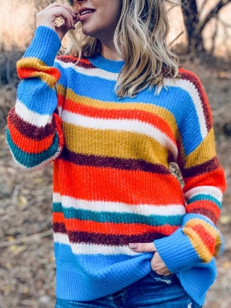 

Blue Striped Crew Neck Knitted Casual Sweater, Sweaters