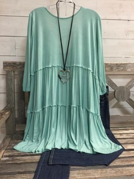 

Casual Long Sleeve Round Neck Plus Size Tops, Green, Tops
