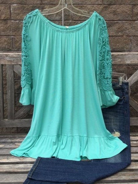 

Casual Long Sleeve Round Neck Plus Size Tops, Blue, Tops