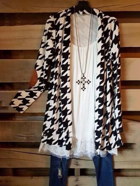 

White-Black Cotton-Blend Casual Cardigan, Outerwear