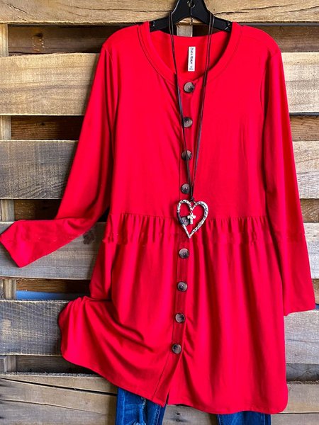 

V-neck Button Dowm Casual Loose Dress, Red, Dresses