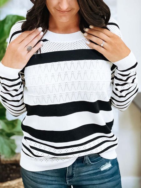 

White Long Sleeve Striped Knitted Sweater, Sweaters