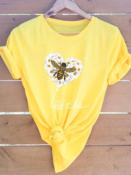 

Let it bee Daisy Heart Print Round Neck Cotton Casual T-shirt, Yellow, T-shirts