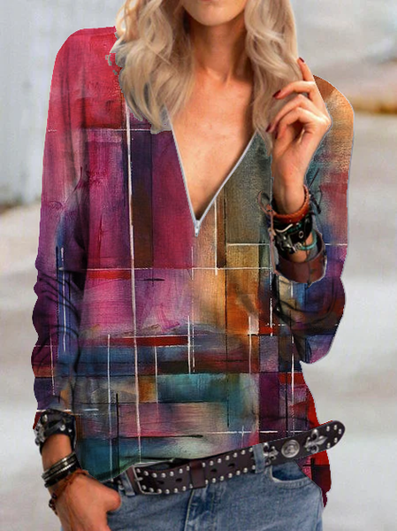 

Top Maniche Lunghe Vintage Scollo a V, Colore, T-Shirts