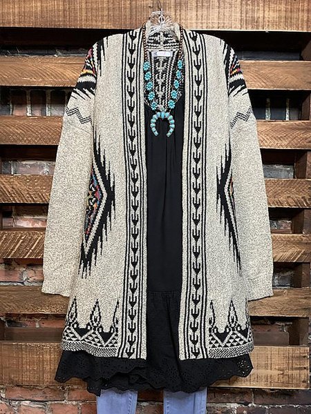 

Ethnic Print Loose Knit Cardigan Sweater Coat, Khaki, Sweaters
