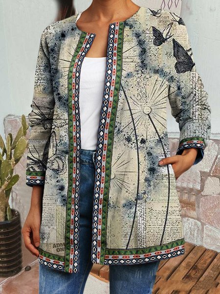 

Print Long Sleeve Casual Coats Jacket, Flower, Cardigans