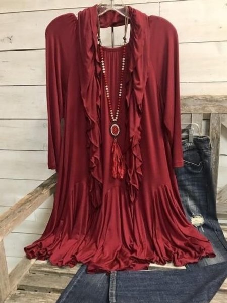 

Casual Long Sleeve Round Neck Plus Size Tops, Red, Tops