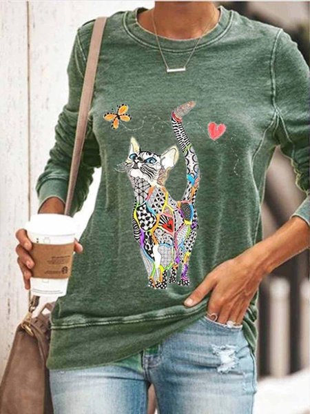

Maniche Lunghe Animale Cartoon Stampato Dritto Quotidiano Casuale Felpa, Verde, Hoodies & Sweatshirts