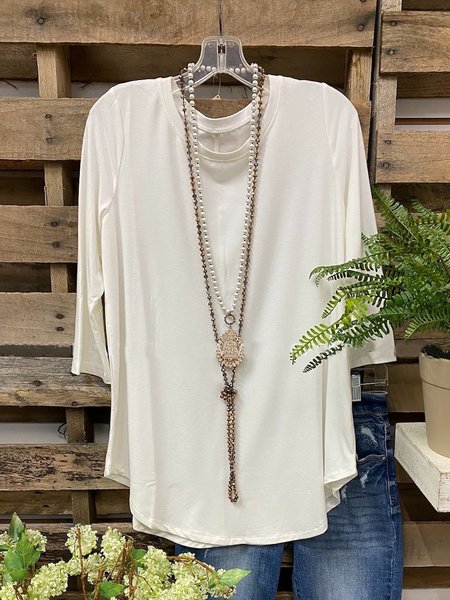 

Solid Color Casual Long-sleeved T-shirt, White, Long Sleeves