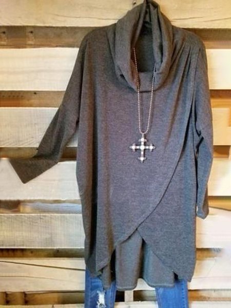 

Deep Gray Long Sleeve Plain Cotton-Blend Top, Tops