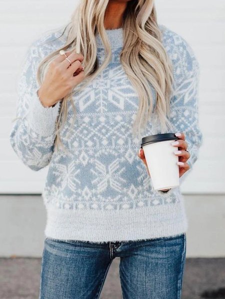 

Cotton-Blend Crew Neck Printed Vintage Sweater, Blue, Sweaters