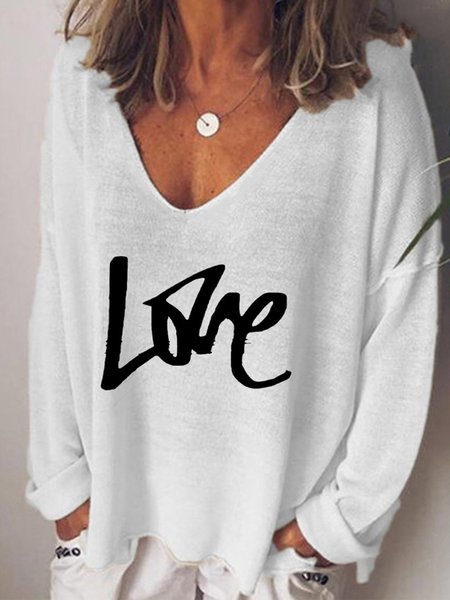 

Vintage Lettera D'amore Stampato Maniche Lunghe Scollo a V Casuale Top, Bianco, Blouses & Shirts