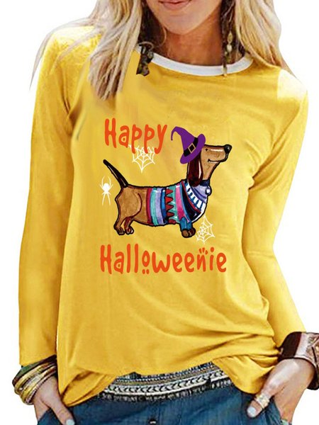 

Printed Long Sleeve Cotton Tops, Yellow, T-Shirts