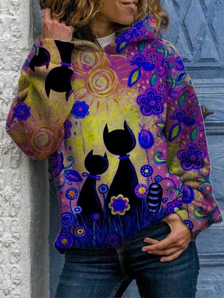 

Hoodie Casual Cats Print Long Sleeve Sweatshirts, Purple, Sweatshirts & Hoodies