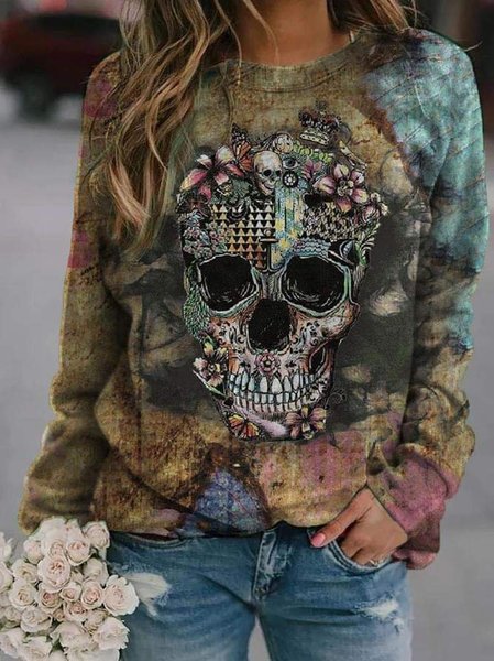 

Skull Crew Neck Long Sleeve Vintage Sweatshirts, Tops