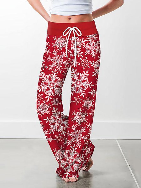 

Christmas Floral Print Casual Loose Drawstring Wide-leg Trousers, Red, Pants
