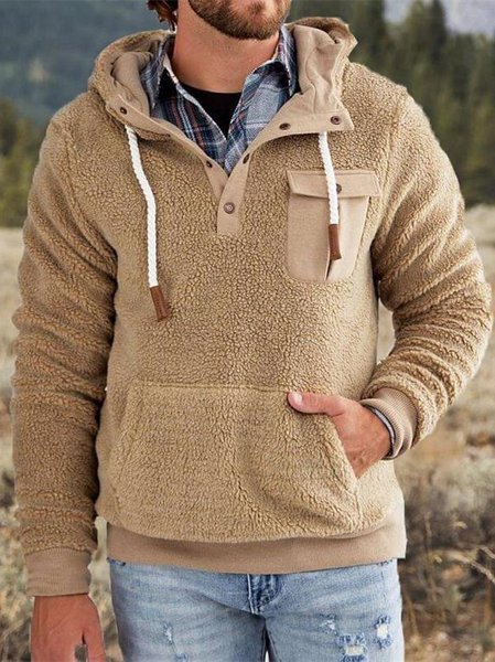 

Khaki Pockets Casual Hoodie Polar Fleece Sweatshirt, Hoodies&Sweatshirts
