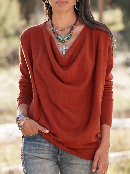 

Solid Casual Cowl Neck Shirts & Tops, Orange, Long sleeves