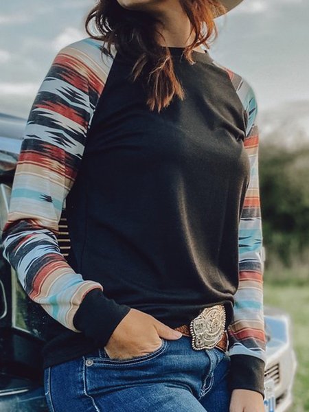 

Black Cotton-Blend Long Sleeve Printed Geometric Shirts & Tops, Tops