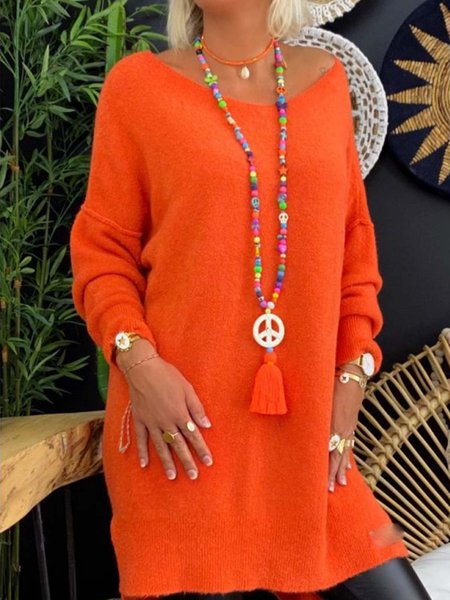 Orange Long Sleeve Crew Neck Solid Sweate Dress, Sweaters