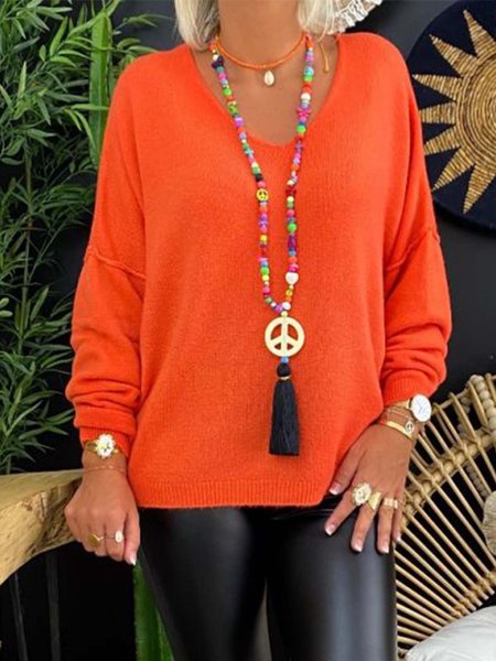

Orange Knitted Casual Solid V Neck Sweater, Sweaters
