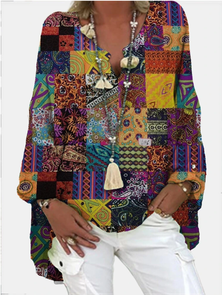 

V Neck Long Sleeve Vintage Tops, Yellow, Tops