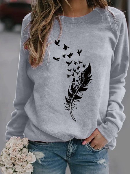 

Plus Size Feather Cotton-Blend Tribal Crew Neck Vintage Sweatshirts, Gray, Hoodies & Sweatshirts