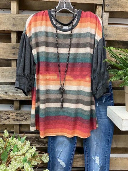 

Red Casual Color-Block Round Neck Cotton-Blend Shirts & Tops, T-Shirts