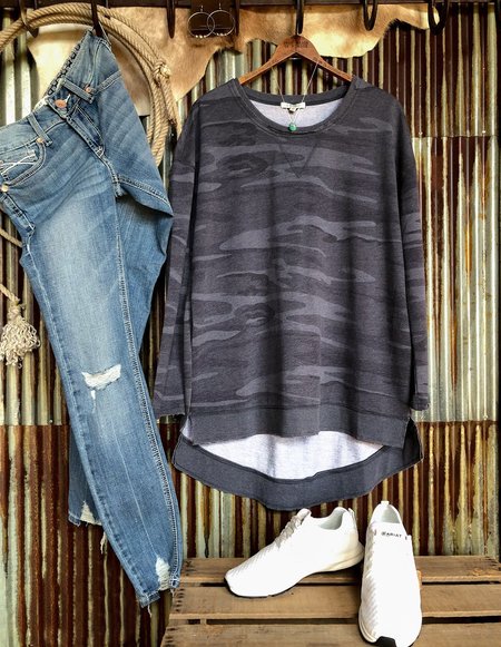 

Casual Round Neck Camo Long Sleeve T-shirt Tops, Gray blue, Tops