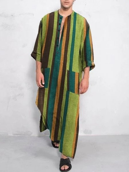 

Ethnic Henley Collar Striped Length Shirts Design Robes with Pocket, Green, Men