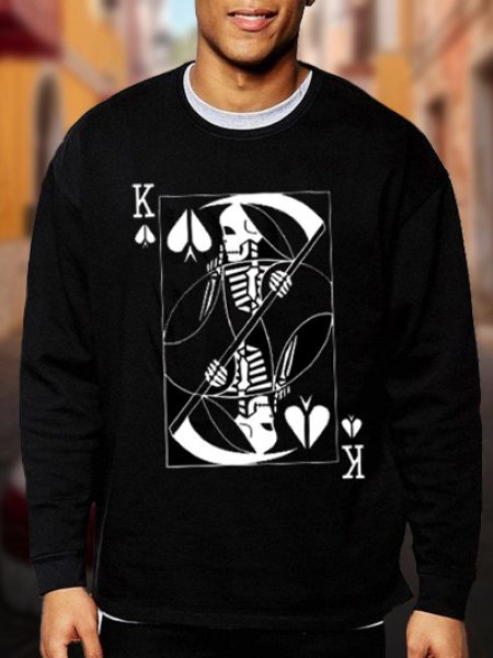 

Poker Face Skull Print Casual Crew Neck Men's Fashion Sweatshirt, Black, Men