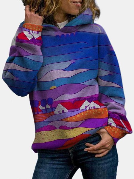 Landscapes Printed Long Sleeve Hoodie Sweatshirt, Blue, Hoodies & Sweatshirts