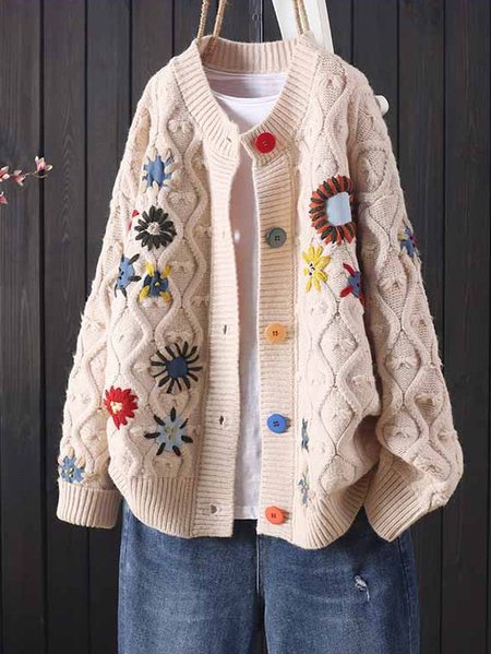 

Long Sleeve Cotton-Blend Striped Jacket, Beige, Cardigans