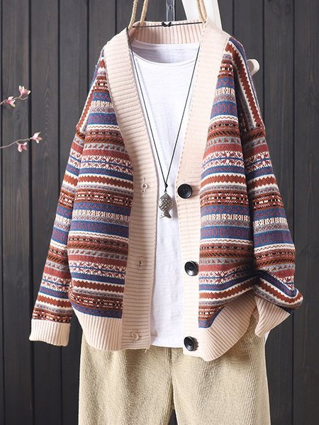 

V Neck Cotton-Blend Long Sleeve Jacket, Red, Cardigans